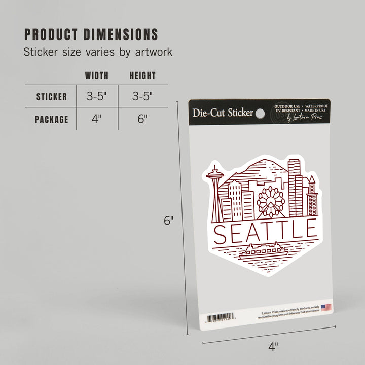 Seattle, Washington, Skyline, Simple Lines, Red, Contour, Lantern Press Artwork, Vinyl Sticker Sticker Lantern Press 