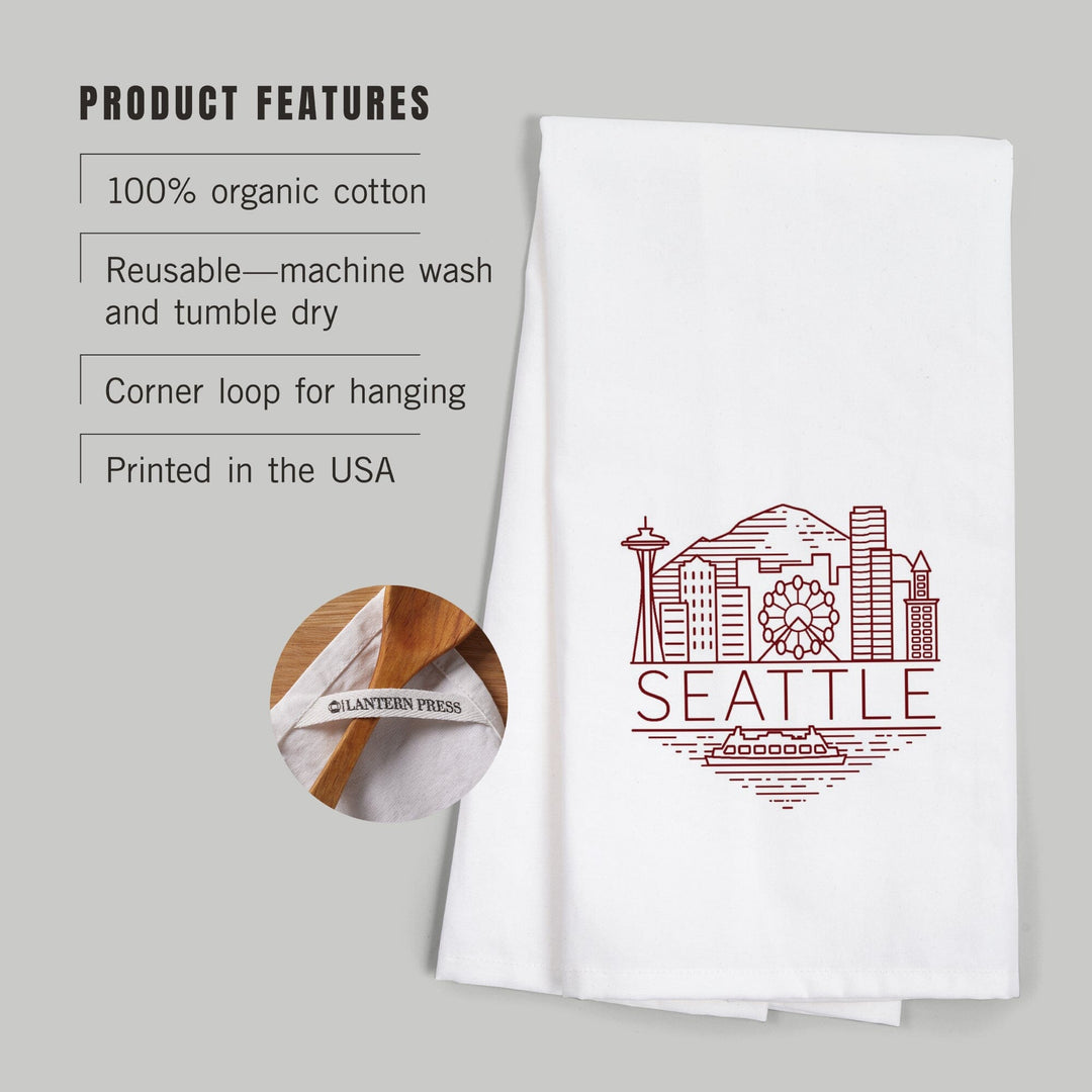 Seattle, Washington, Skyline, Simple Lines, Red, Contour, Organic Cotton Kitchen Tea Towels Kitchen Lantern Press 