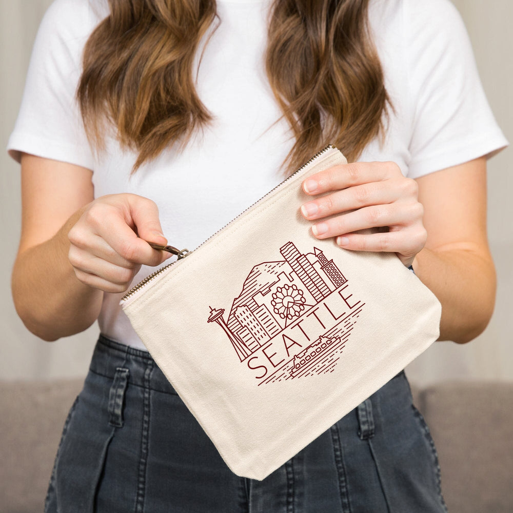 Seattle, Washington, Skyline, Simple Lines, Red,, Organic Cotton Zipper Pouch, Go Bag Go Bag Lantern Press 
