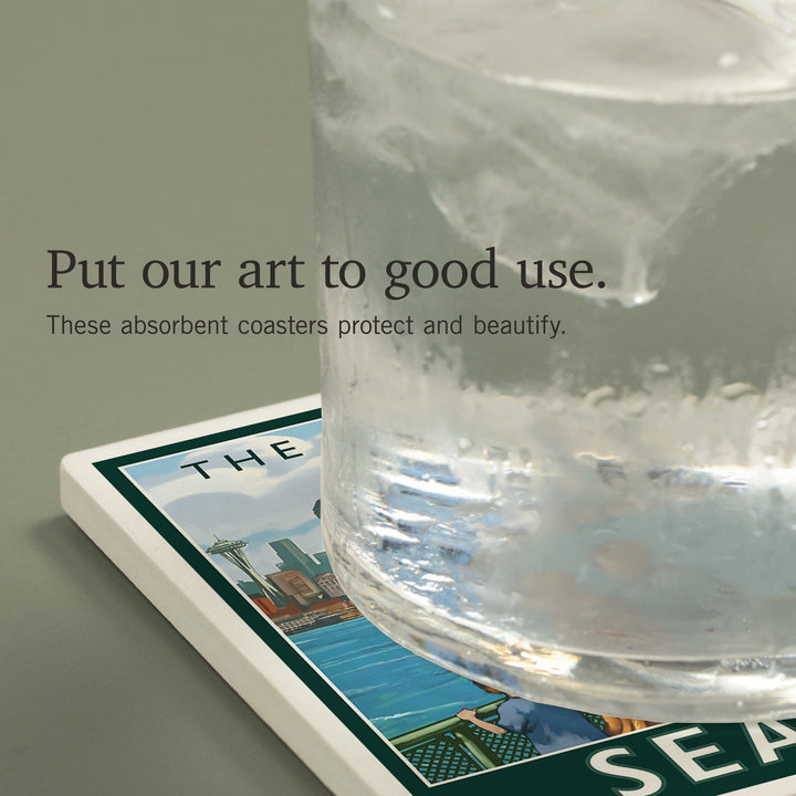 Seattle, Washington, Skyline, The Emerald City and Ferry, Coasters Coasters Lantern Press 
