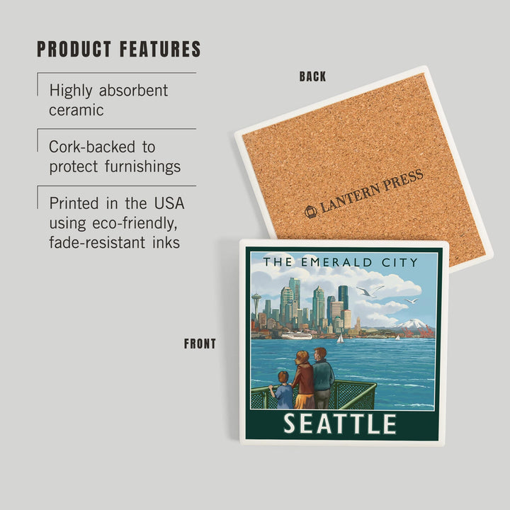 Seattle, Washington, Skyline, The Emerald City and Ferry, Coasters Coasters Lantern Press 