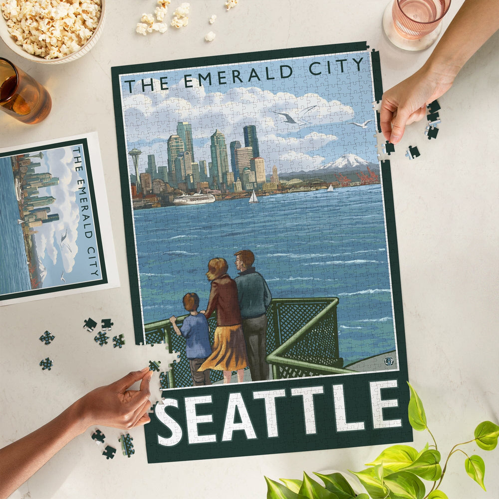 Seattle, Washington, Skyline, The Emerald City and Ferry, Jigsaw Puzzle Puzzle Lantern Press 