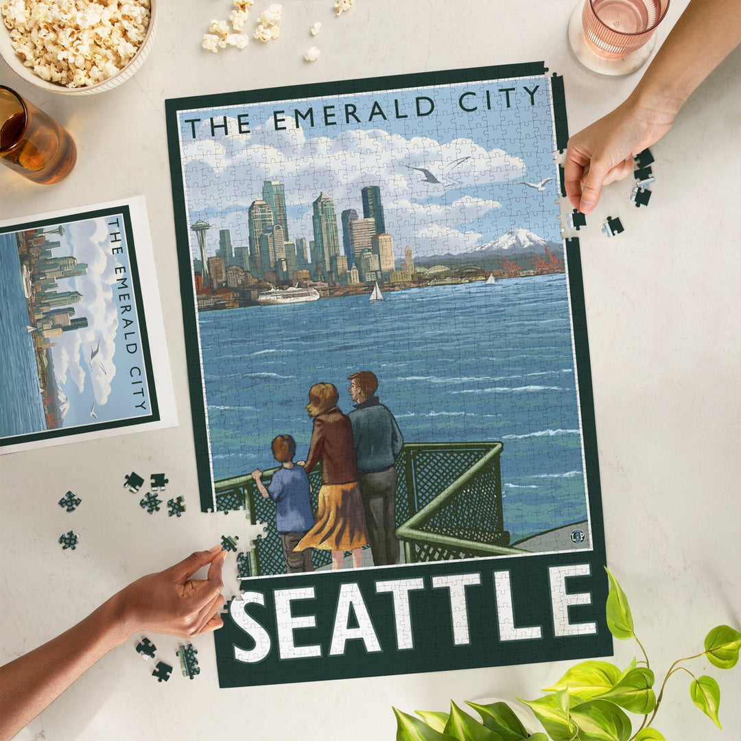 Seattle, Washington, Skyline, The Emerald City and Ferry, Jigsaw Puzzle Puzzle Lantern Press 