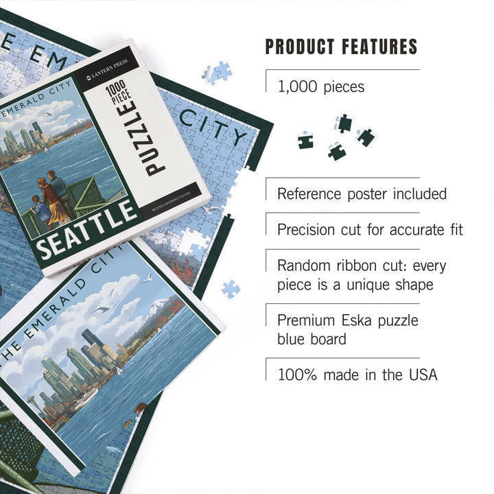 Seattle, Washington, Skyline, The Emerald City and Ferry, Jigsaw Puzzle Puzzle Lantern Press 