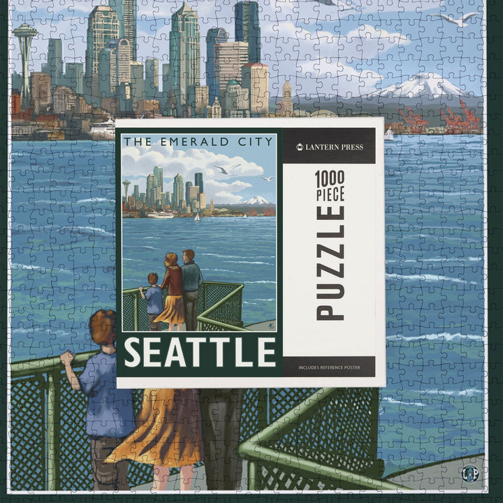 Seattle, Washington, Skyline, The Emerald City and Ferry, Jigsaw Puzzle Puzzle Lantern Press 