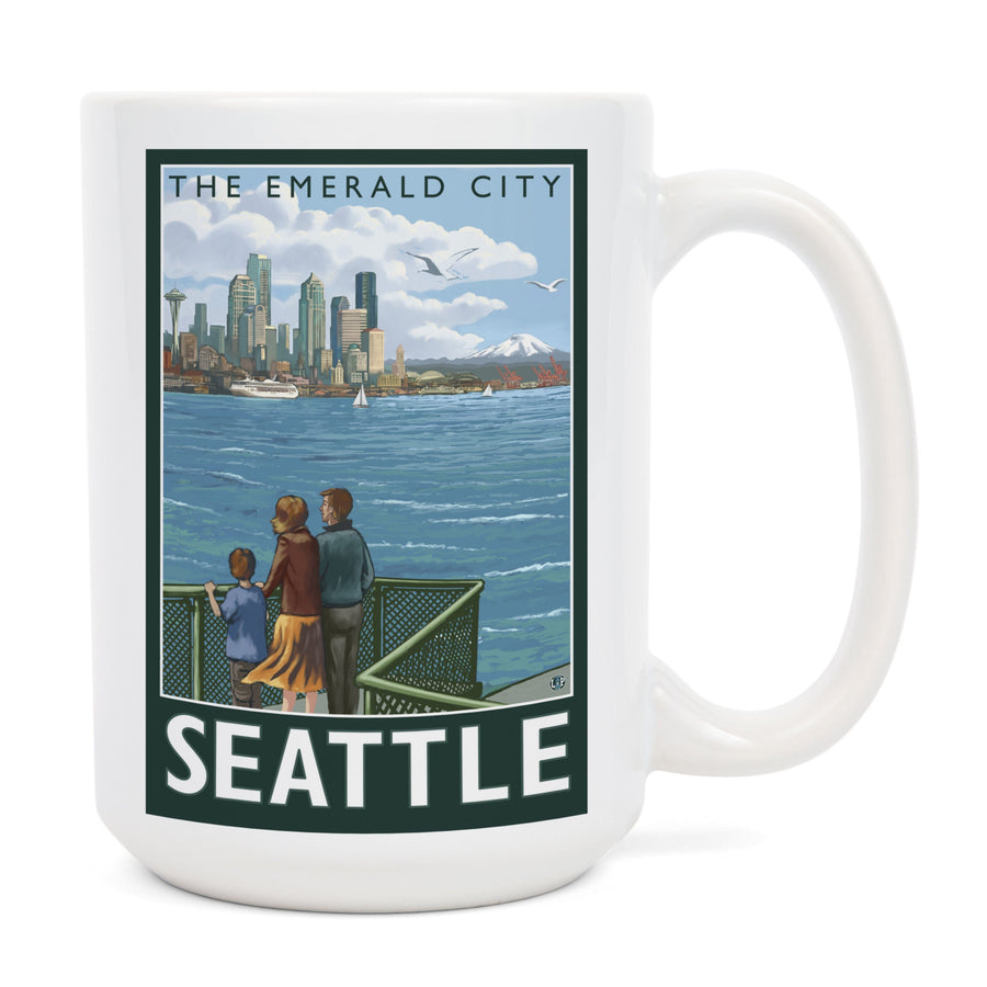 Seattle, Washington, Skyline, The Emerald City and Ferry, Lantern Press Artwork, Ceramic Mug Mugs Lantern Press 