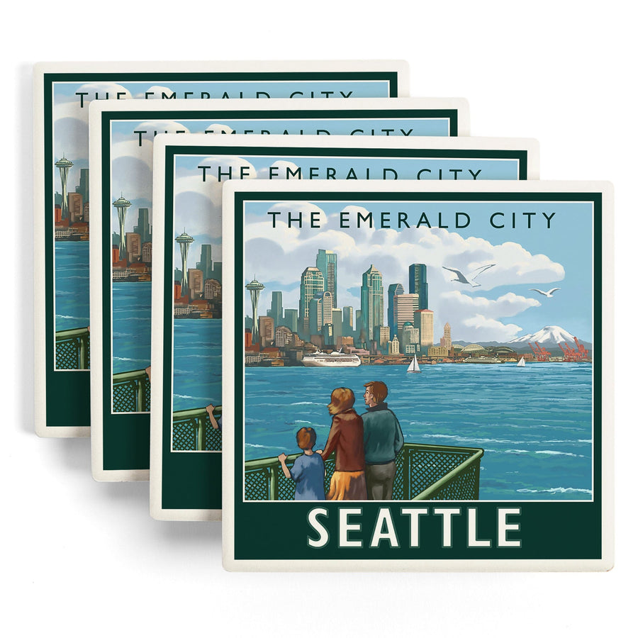 Seattle, Washington, Skyline, The Emerald City and Ferry, Lantern Press Artwork, Coaster Set Coasters Lantern Press 