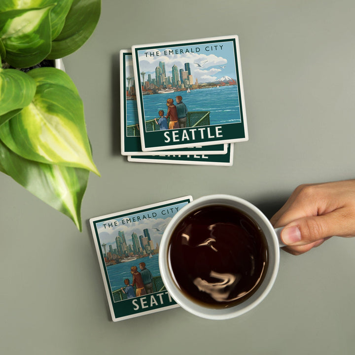 Seattle, Washington, Skyline, The Emerald City and Ferry, Lantern Press Artwork, Coaster Set Coasters Lantern Press 