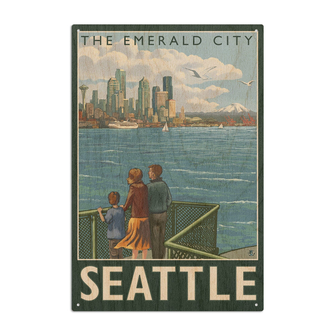 Seattle, Washington, Skyline, The Emerald City and Ferry, Lantern Press Artwork, Wood Signs and Postcards Wood Lantern Press 10 x 15 Wood Sign 