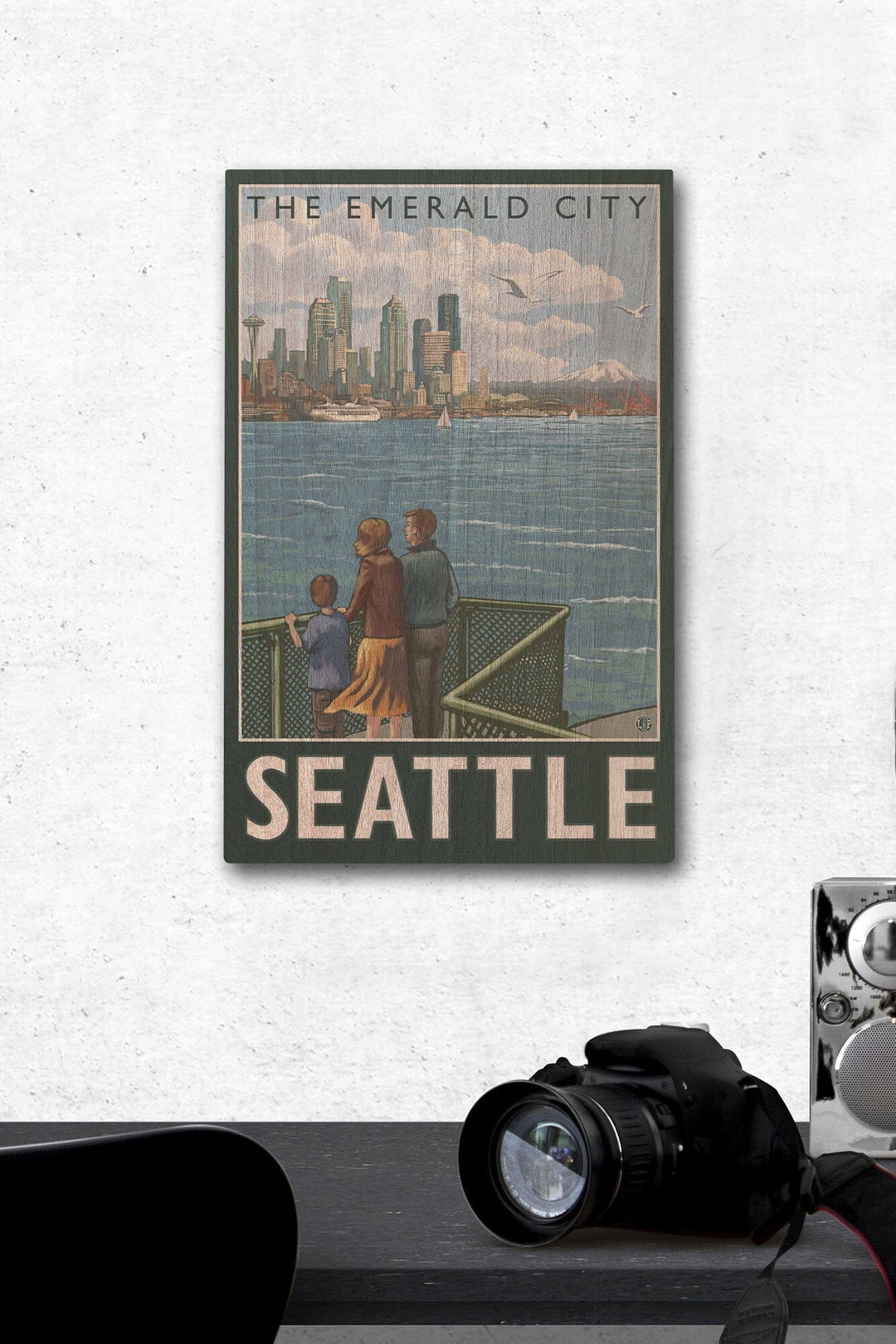 Seattle, Washington, Skyline, The Emerald City and Ferry, Lantern Press Artwork, Wood Signs and Postcards Wood Lantern Press 12 x 18 Wood Gallery Print 
