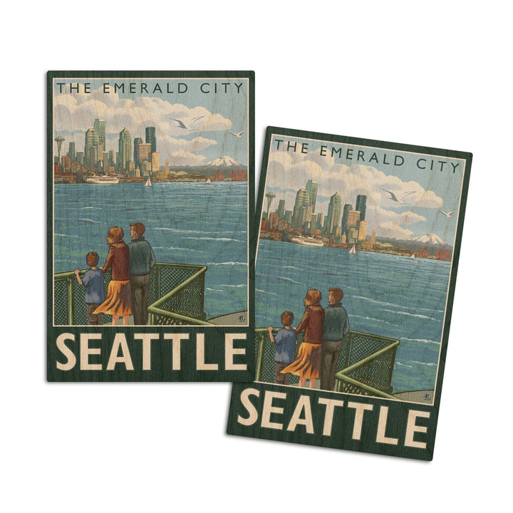Seattle, Washington, Skyline, The Emerald City and Ferry, Lantern Press Artwork, Wood Signs and Postcards Wood Lantern Press 4x6 Wood Postcard Set 