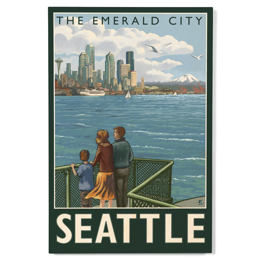 Seattle, Washington, Skyline, The Emerald City and Ferry, Lantern Press Artwork, Wood Signs and Postcards Wood Lantern Press 