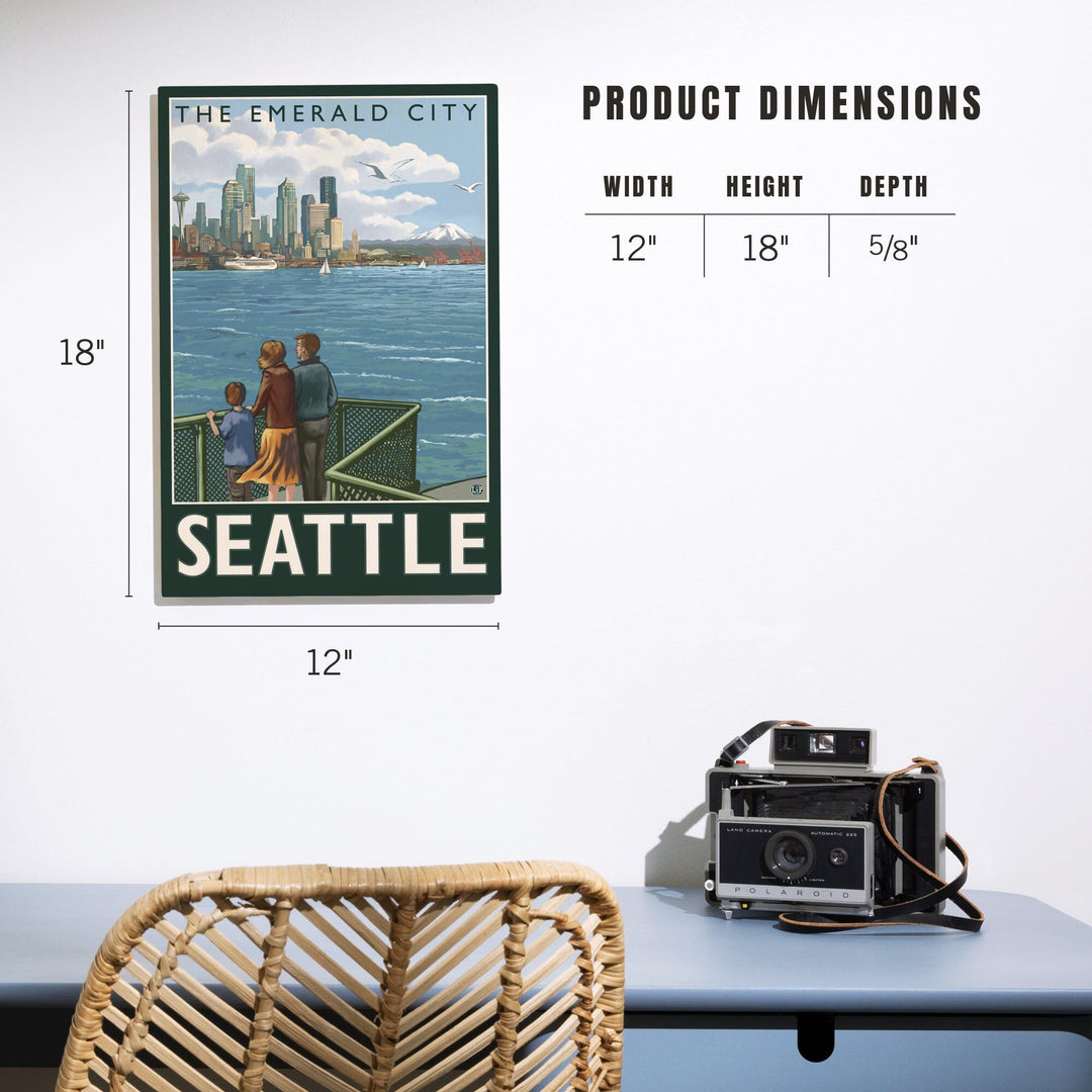 Seattle, Washington, Skyline, The Emerald City and Ferry, Lantern Press Artwork, Wood Signs and Postcards Wood Lantern Press 