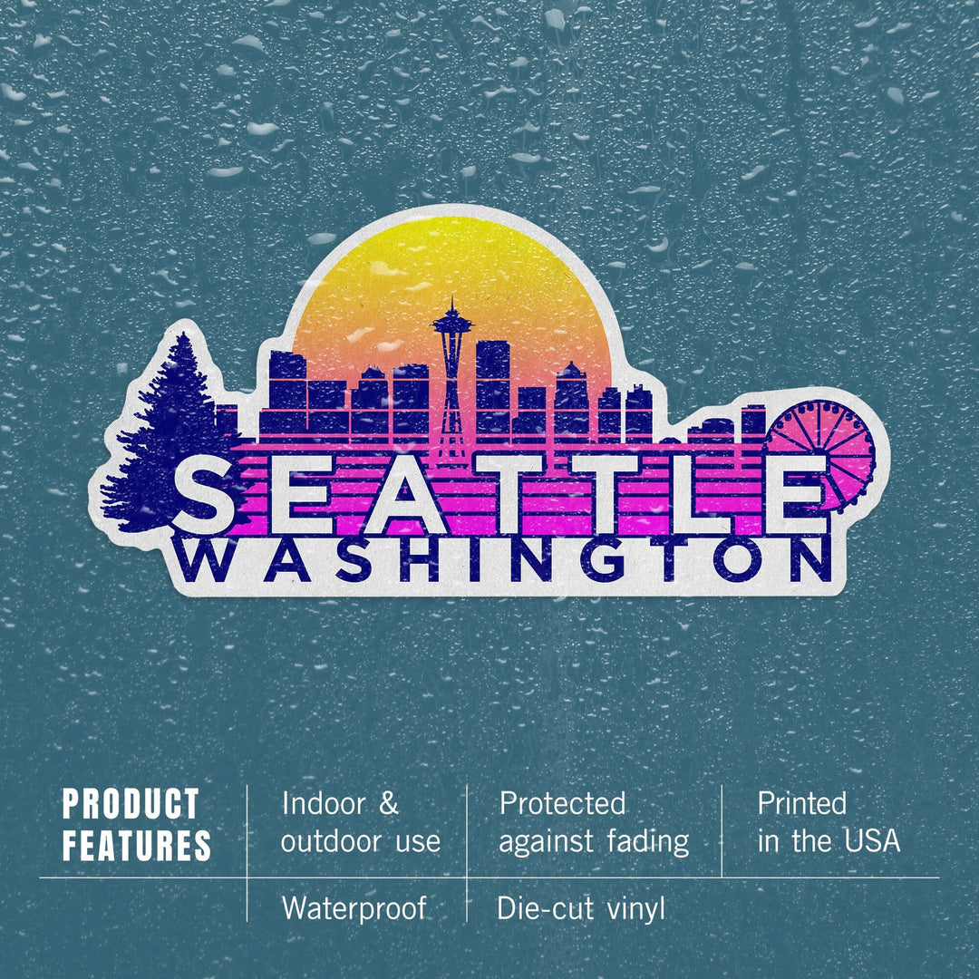 Seattle, Washington, Skyline, Vector Vaporwave, Contour, Lantern Press Artwork, Vinyl Sticker Sticker Lantern Press 
