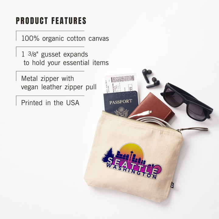 Seattle, Washington, Skyline, Vector Vaporwave,, Organic Cotton Zipper Pouch, Go Bag Go Bag Lantern Press 