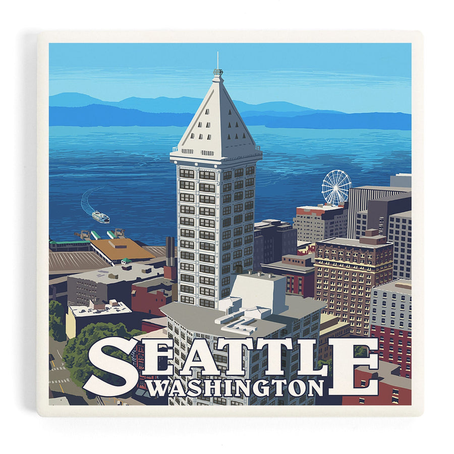 Seattle, Washington, Smith Tower and Elliott Bay, Coasters Coasters Lantern Press 