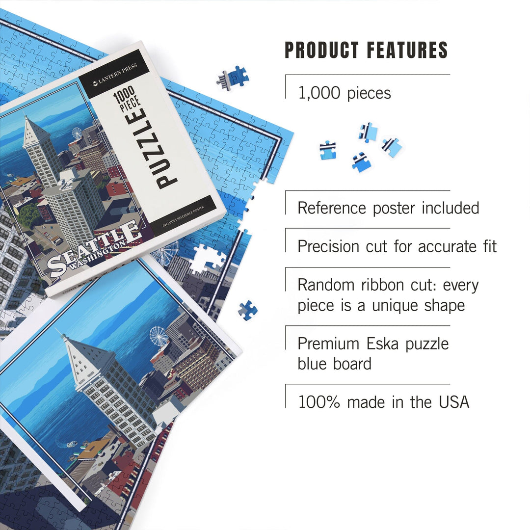 Seattle, Washington, Smith Tower and Elliott Bay, Jigsaw Puzzle Puzzle Lantern Press 