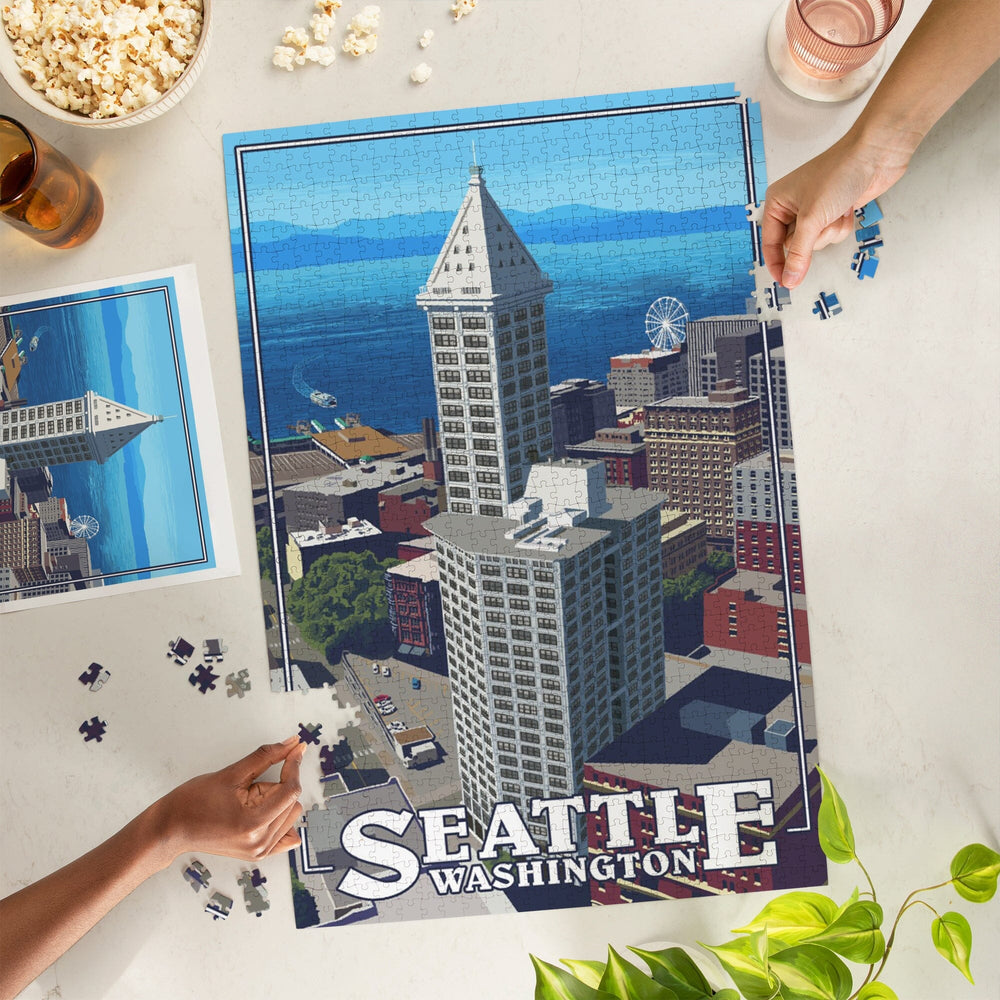 Seattle, Washington, Smith Tower and Elliott Bay, Jigsaw Puzzle Puzzle Lantern Press 