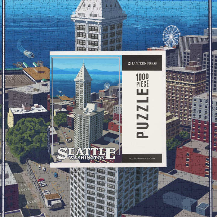 Seattle, Washington, Smith Tower and Elliott Bay, Jigsaw Puzzle Puzzle Lantern Press 