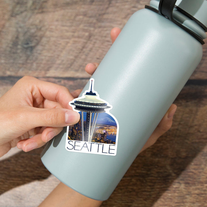 Seattle, Washington, Space Needle Aerial View, Contour, Vinyl Sticker Sticker Lantern Press 