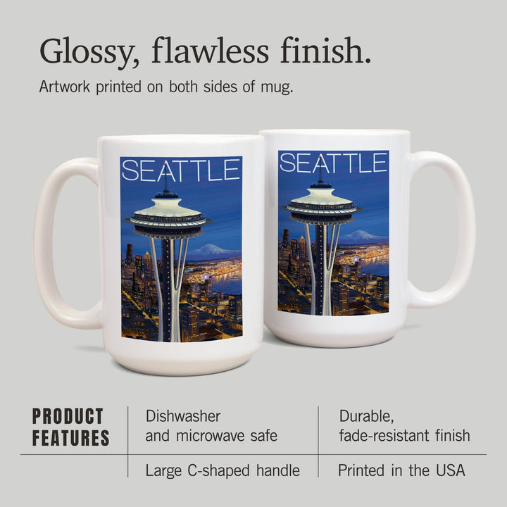 Seattle, Washington, Space Needle Aerial View, Lantern Press Artwork, Ceramic Mug Mugs Lantern Press 