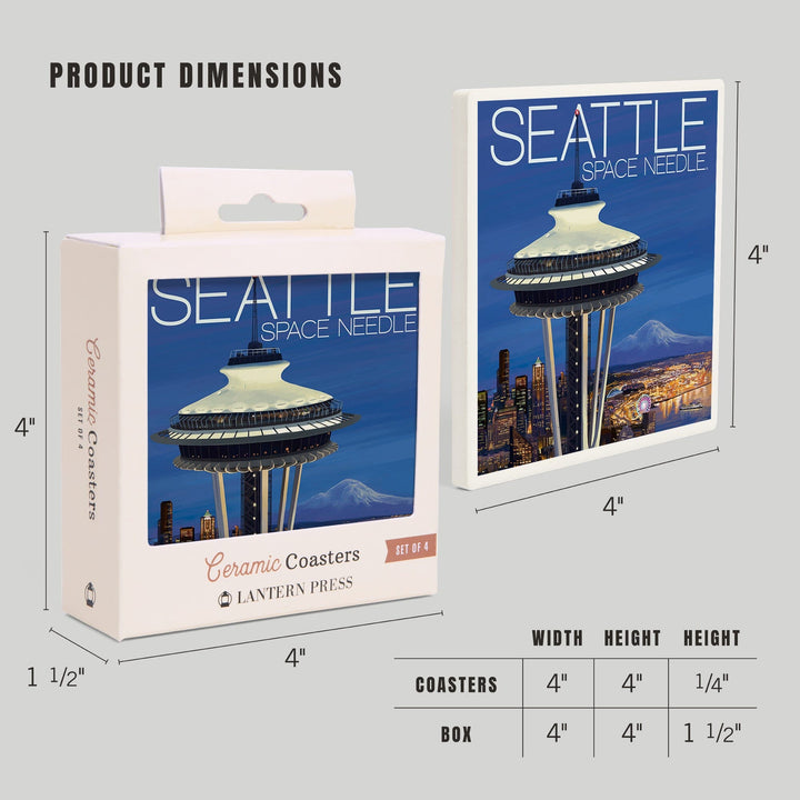 Seattle, Washington, Space Needle Aerial View, Lantern Press Artwork, Coaster Set Coasters Lantern Press 