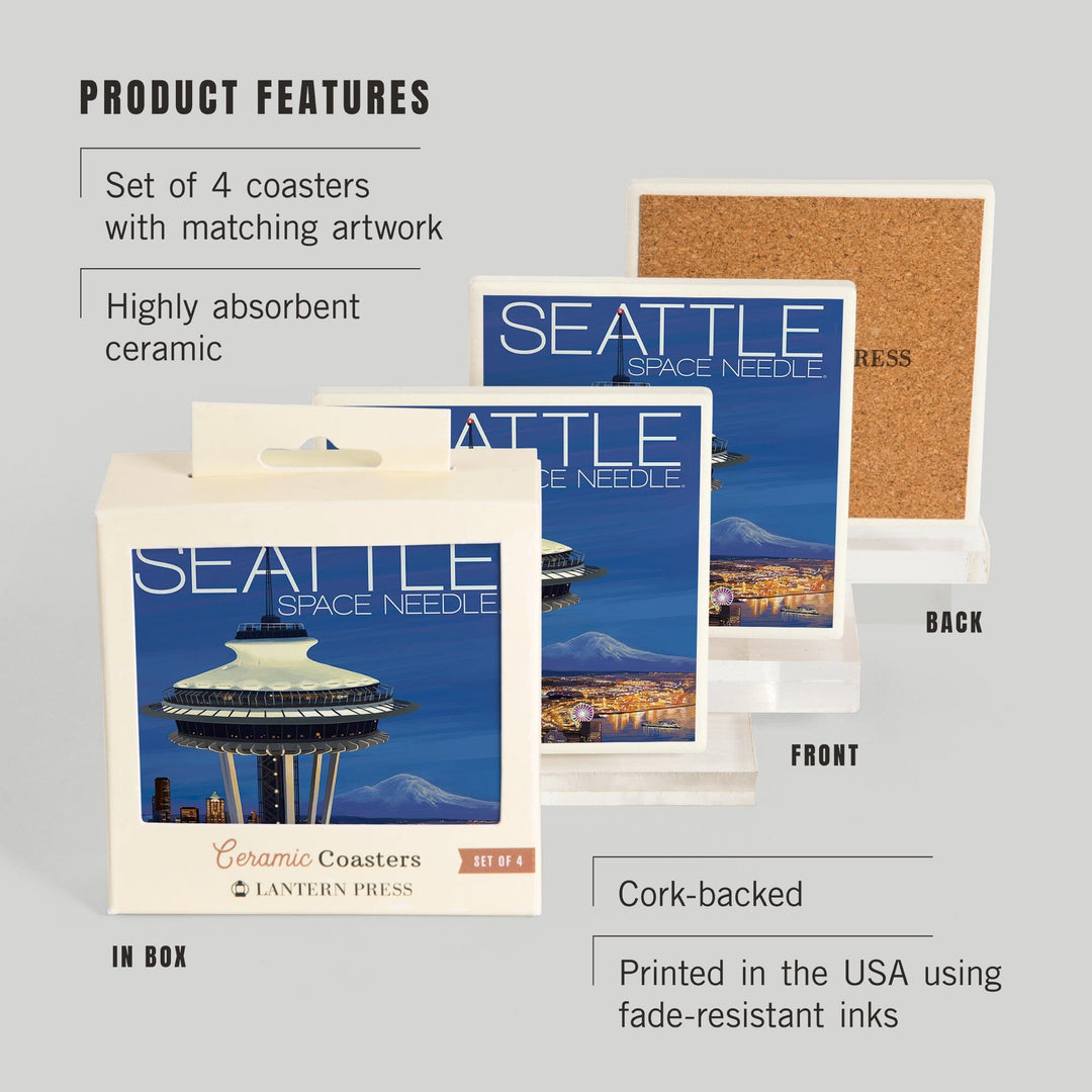 Seattle, Washington, Space Needle Aerial View, Lantern Press Artwork, Coaster Set Coasters Lantern Press 