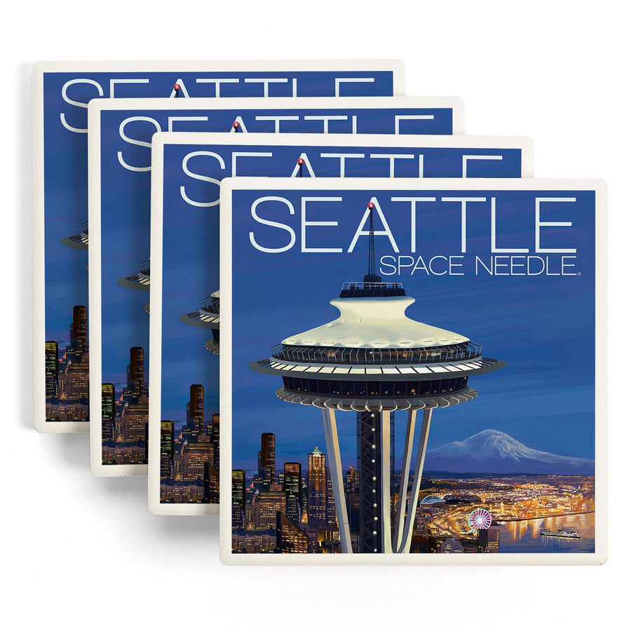 Seattle, Washington, Space Needle Aerial View, Lantern Press Artwork, Coaster Set Coasters Lantern Press 