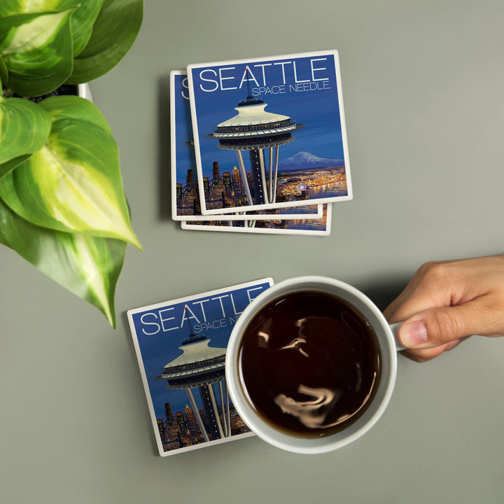 Seattle, Washington, Space Needle Aerial View, Lantern Press Artwork, Coaster Set Coasters Lantern Press 