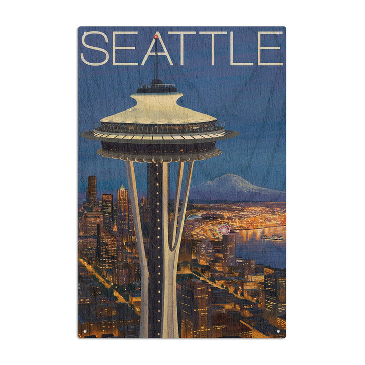 Seattle, Washington, Space Needle Aerial View, Lantern Press Artwork, Wood Signs and Postcards Wood Lantern Press 10 x 15 Wood Sign 