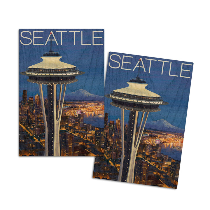 Seattle, Washington, Space Needle Aerial View, Lantern Press Artwork, Wood Signs and Postcards Wood Lantern Press 4x6 Wood Postcard Set 