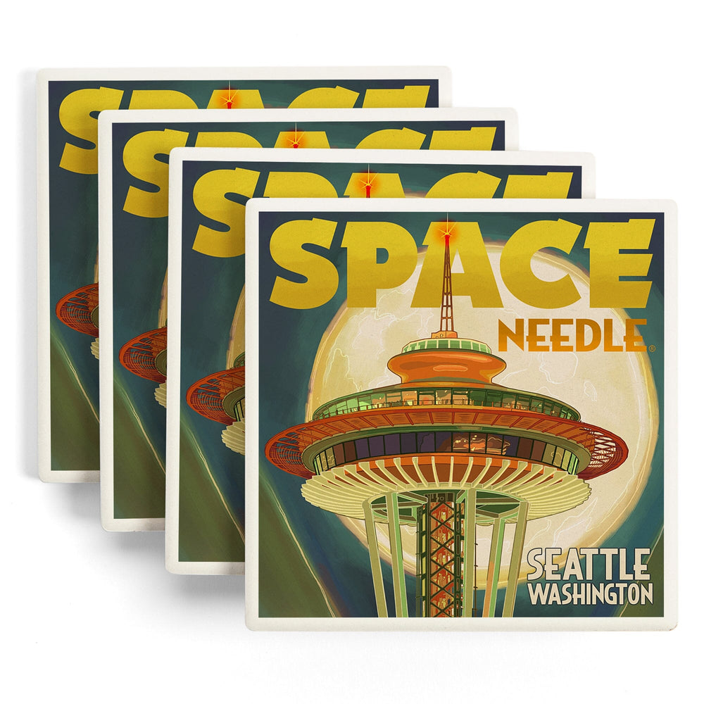 Seattle, Washington, Space Needle and Full Moon, Coasters Coasters Lantern Press 