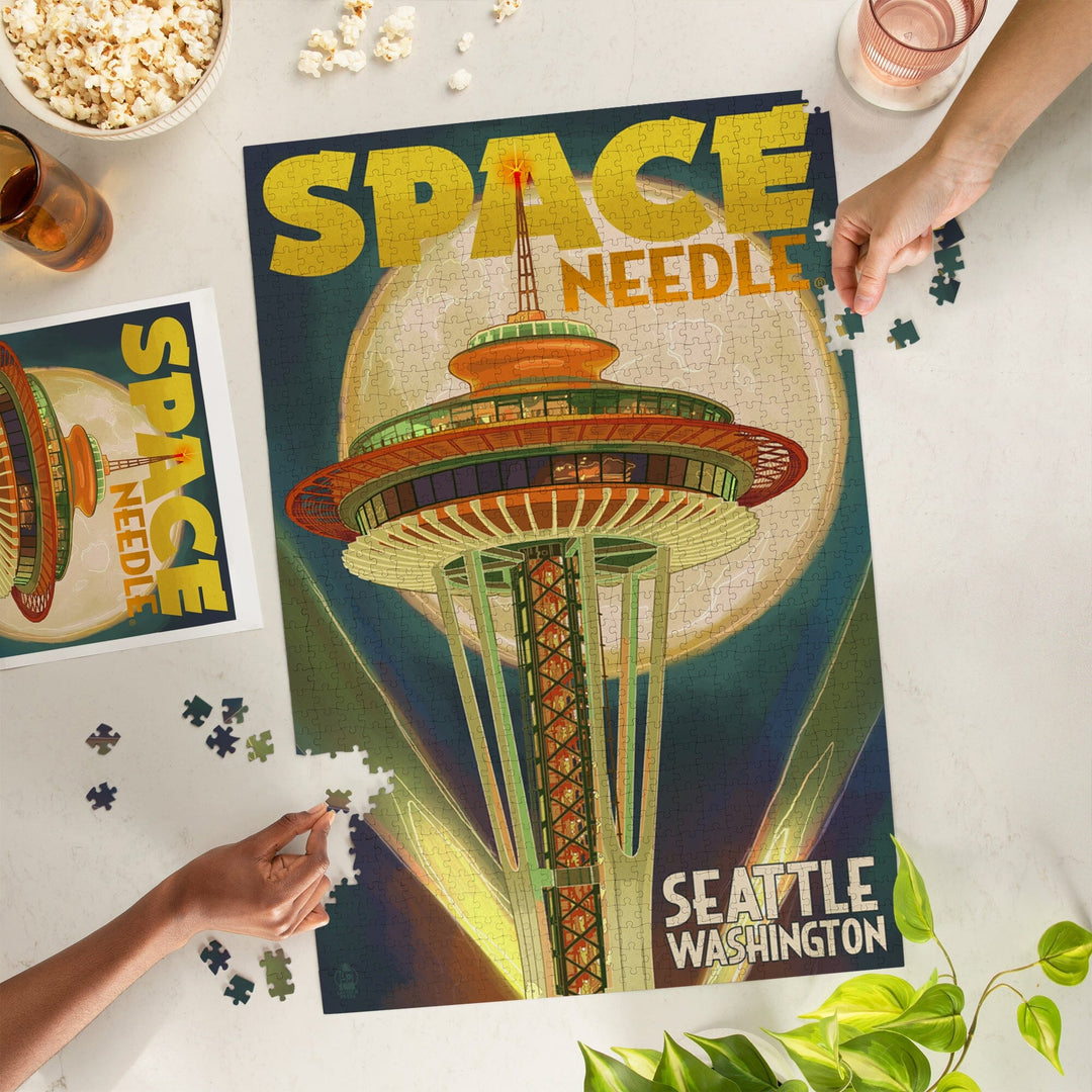 Seattle, Washington, Space Needle and Full Moon, Jigsaw Puzzle Puzzle Lantern Press 