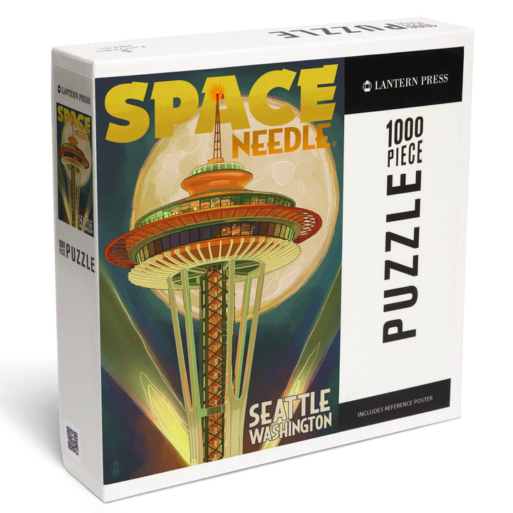 Seattle, Washington, Space Needle and Full Moon, Jigsaw Puzzle Puzzle Lantern Press 