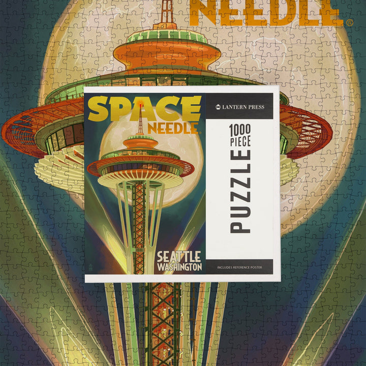 Seattle, Washington, Space Needle and Full Moon, Jigsaw Puzzle Puzzle Lantern Press 