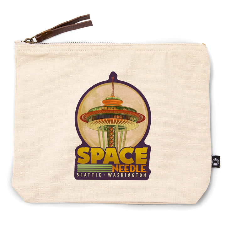 Seattle, Washington, Space Needle and Full Moon,, Organic Cotton Zipper Pouch, Go Bag Go Bag Lantern Press 