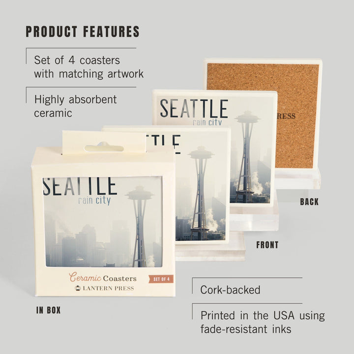 Seattle, Washington, Space Needle and Skyline Fog, Coasters Coasters Lantern Press 