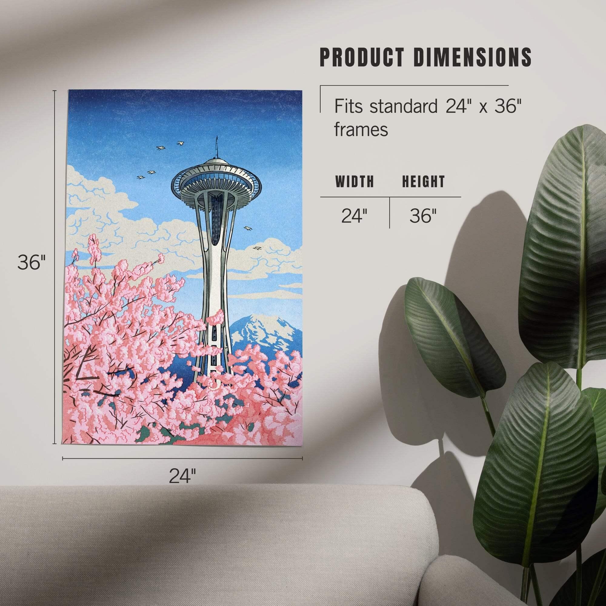 Seattle, Washington, Space Needle, Cherry Blossoms Woodblock art