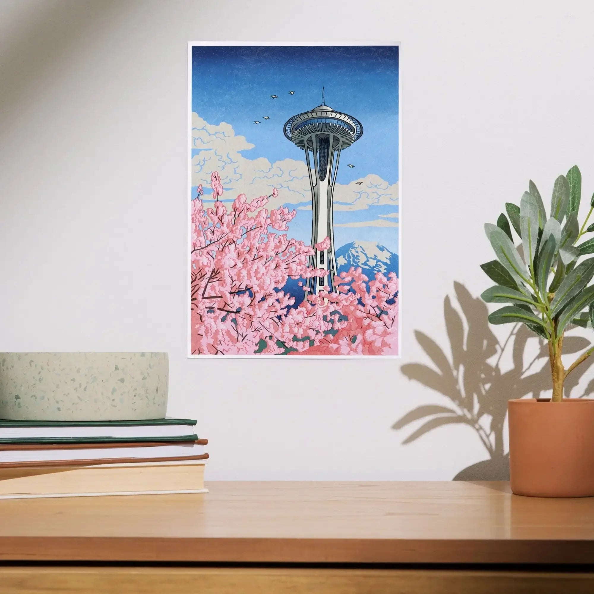 Seattle, Washington, Space Needle, Cherry Blossoms Woodblock art