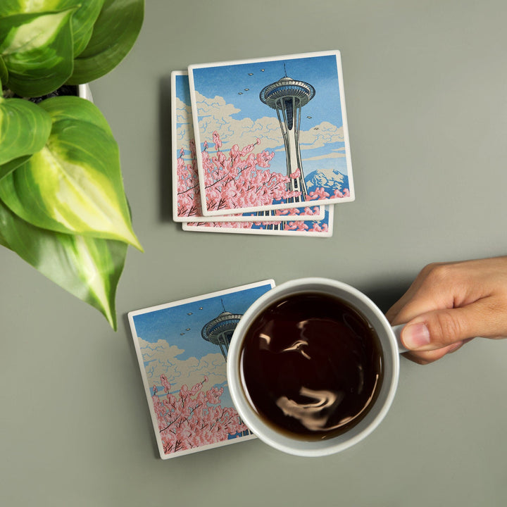 Seattle, Washington, Space Needle, Cherry Blossoms Woodblock, Coasters Coasters Lantern Press 