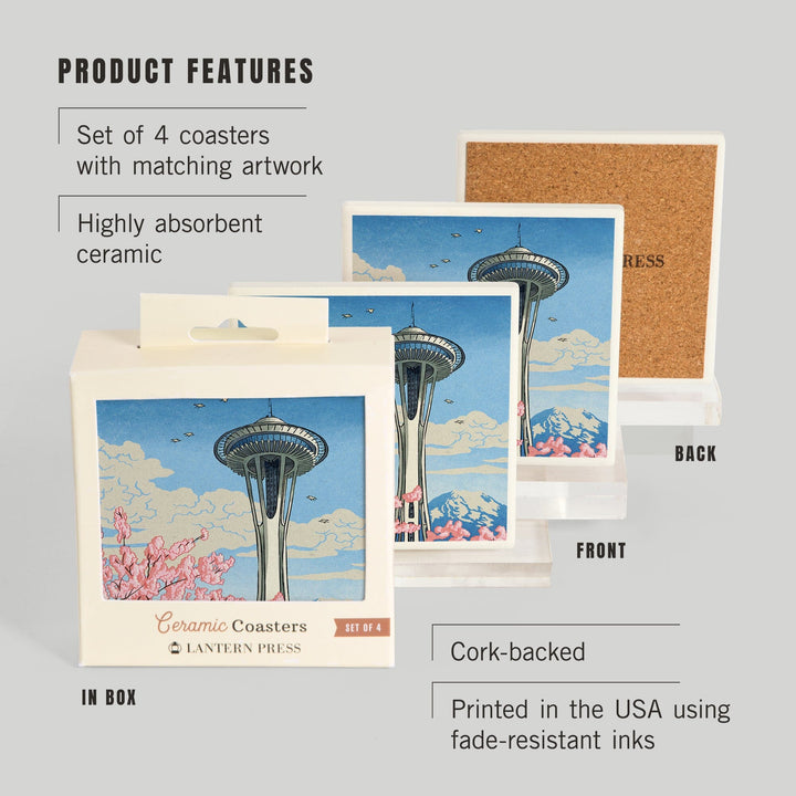 Seattle, Washington, Space Needle, Cherry Blossoms Woodblock, Coasters Coasters Lantern Press 