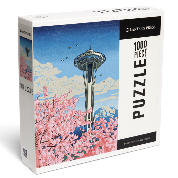 Seattle, Washington, Space Needle, Cherry Blossoms Woodblock, Jigsaw Puzzle Puzzle Lantern Press 
