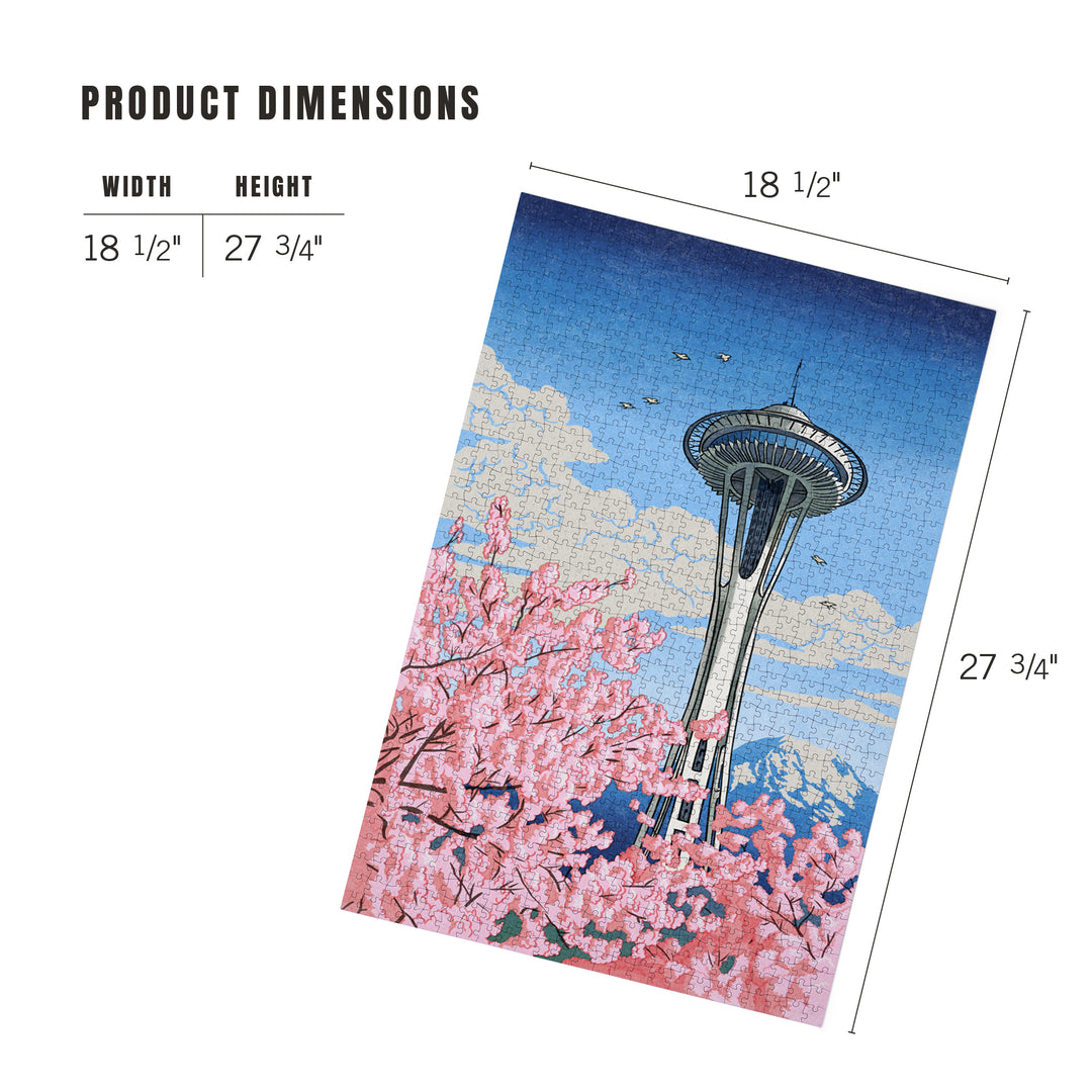 Seattle, Washington, Space Needle, Cherry Blossoms Woodblock, Jigsaw Puzzle Puzzle Lantern Press 