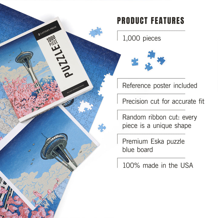 Seattle, Washington, Space Needle, Cherry Blossoms Woodblock, Jigsaw Puzzle Puzzle Lantern Press 