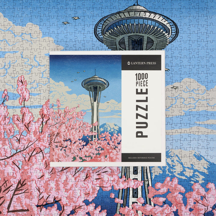 Seattle, Washington, Space Needle, Cherry Blossoms Woodblock, Jigsaw Puzzle Puzzle Lantern Press 
