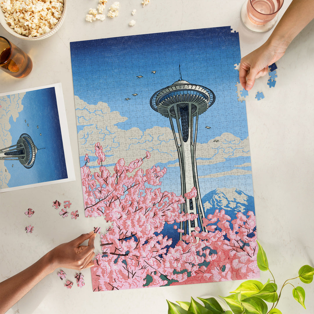 Seattle, Washington, Space Needle, Cherry Blossoms Woodblock, Jigsaw Puzzle Puzzle Lantern Press 