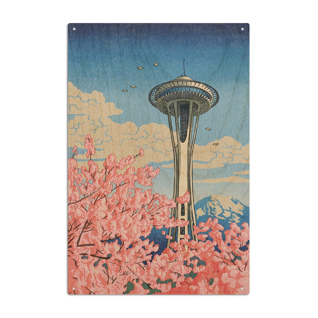 Seattle, Washington, Space Needle, Cherry Blossoms Woodblock, Wood Signs and Postcards Wood Lantern Press 10 x 15 Wood Sign 
