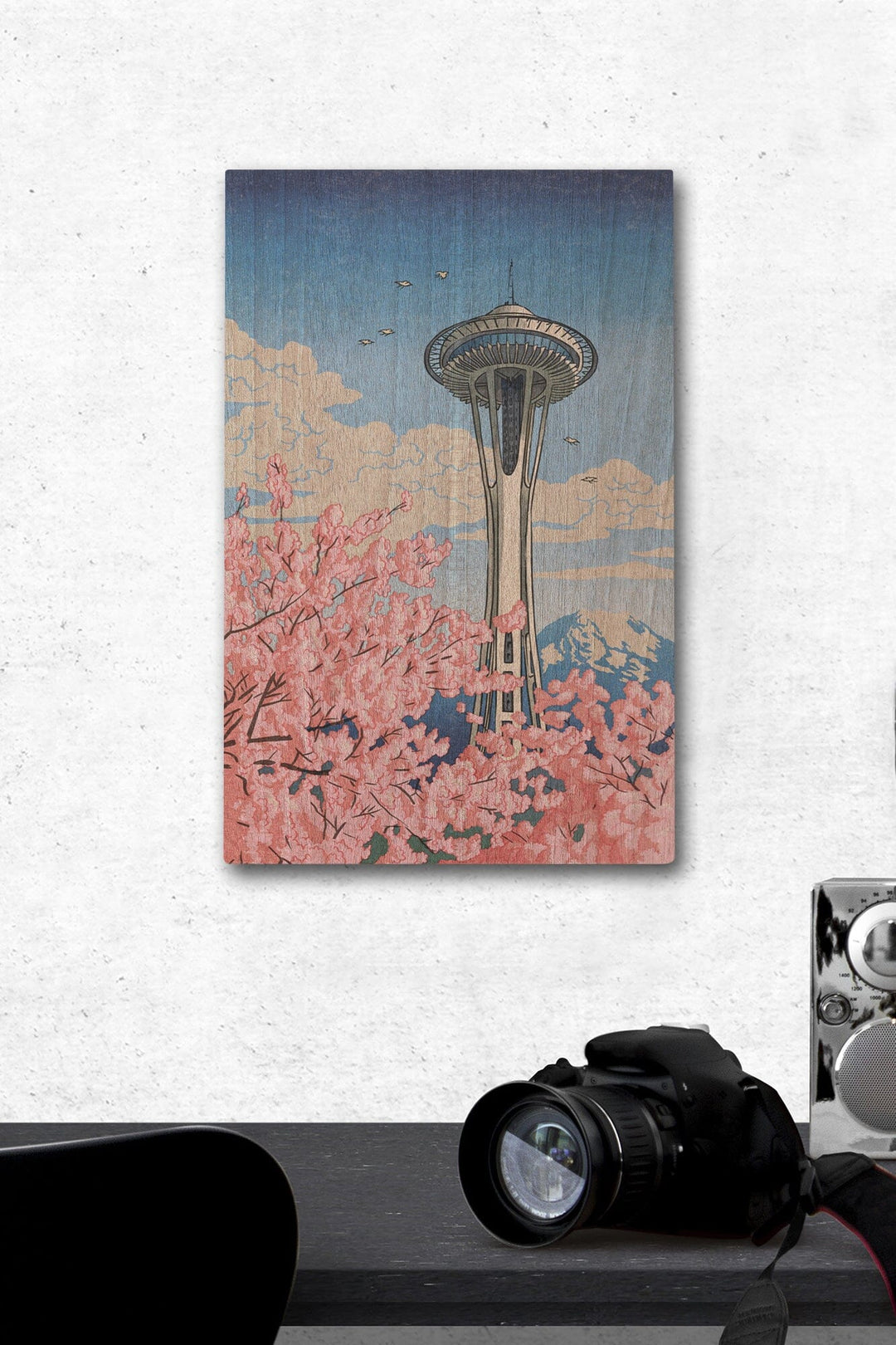 Seattle, Washington, Space Needle, Cherry Blossoms Woodblock, Wood Signs and Postcards Wood Lantern Press 12 x 18 Wood Gallery Print 