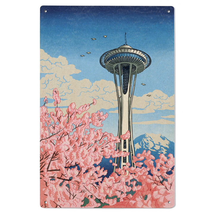 Seattle, Washington, Space Needle, Cherry Blossoms Woodblock, Wood Signs and Postcards Wood Lantern Press 