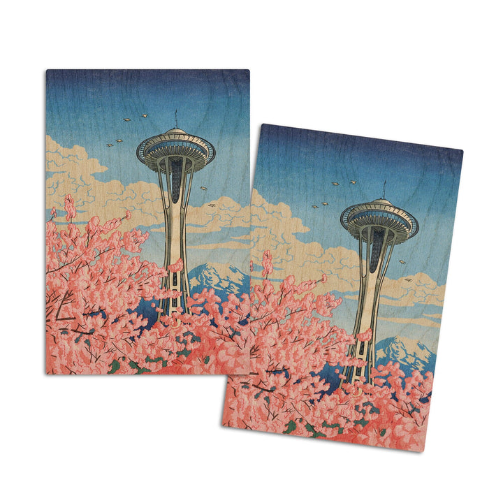 Seattle, Washington, Space Needle, Cherry Blossoms Woodblock, Wood Signs and Postcards Wood Lantern Press 4x6 Wood Postcard Set 